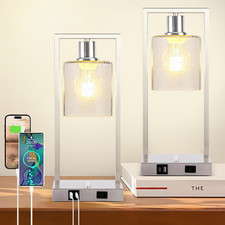 16" Industrial Table Lamps Set of 2 with USB Ports  Dimmable LED Bulbs