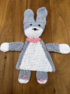 Hand Crocheted White & Gray Bunny Rabbit Doll 20β Easter Handmade FLAT Pink EUC