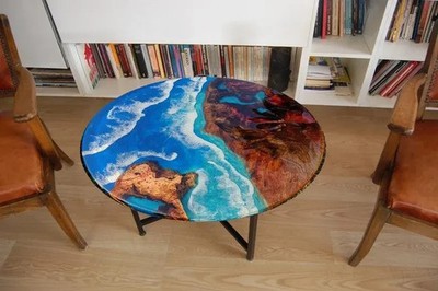 Ocean Wave Epoxy Resin Coffee Table Top: Round Wood Centerpiece