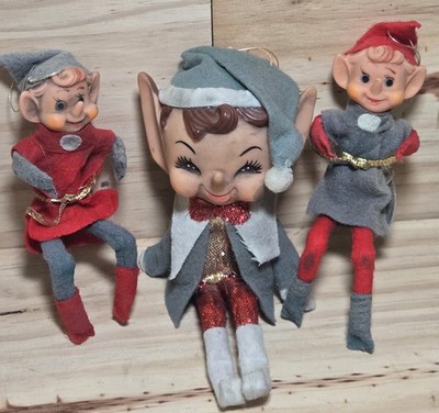 Vintage Japan Pixie Elf Knee Hugger Shelf Sitter Lot 3 Felt Christmas Decor
