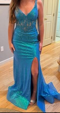 Blue Sequin Lace-Up Formal Gown with Side Slit, Sleeveless V-Neck Prom Dress