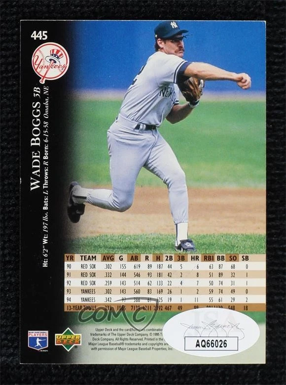 JSA Certified 1995 Upper Deck Wade Boggs #445 COA Auto HOF - Image 2 of 2
