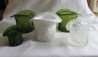 FENTON ART GLASS LOT OF 5 DAISY & BUTTON HAT VASES. 3 GREEN,1 WHITE & 1 CLEAR