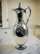 Antique Style Silverplate Lidded Ewer Water Wine Jug Figural Finial Circa 14”