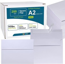 200Pc White A2 Invitation Envelopes 4-3/8x5-3/4 Self Seal Peel Press