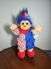 Vintage Russ Berrie Clown Troll Doll With Blue Hair  Red Striped Outfit  Shoes