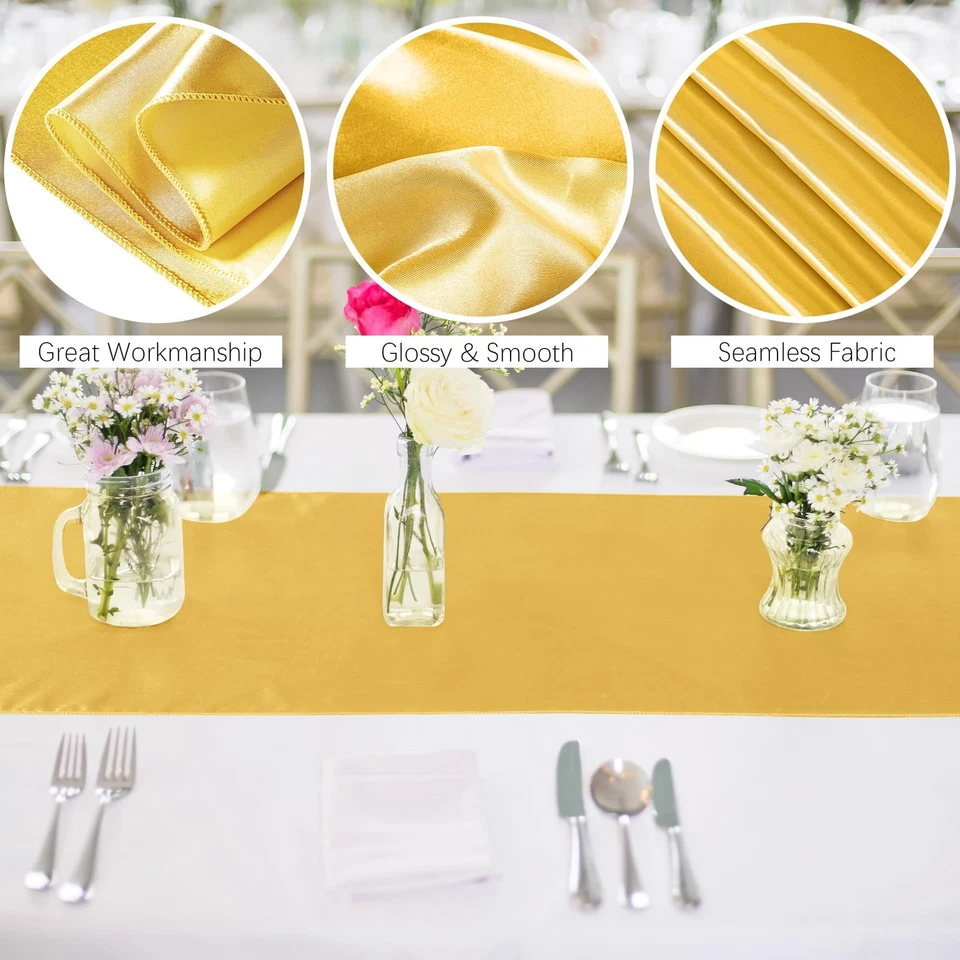 16 Pack Satin Table Runner 12 x 108 Inch Gold Long Wedding Satin Silk Table R... - Image 3 of 4