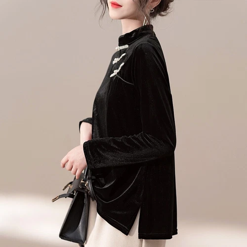 Women Long Sleeve Blouse Shirt Chinese Style Cheongsam Velvet Tops Retro Shirt - Imagen 5 de 21