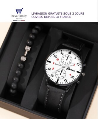 Armbanduhr Leder Herren Genf Chic Casual Quarz Schwarz Weißer Hintergrund Uhrzeit