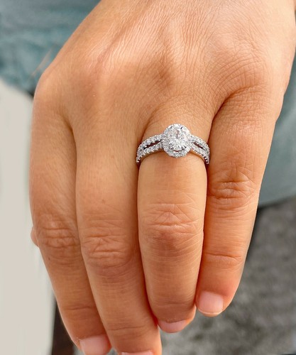 14k White Gold Oval Moissanite Natural Diamond Engagement Ring and Band 1.80ctw - Picture 5 of 11