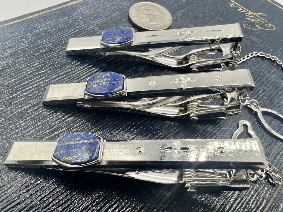 3 Vintage Lapis Lazuli & Shiny Chrome Tie Clasps Clips Unused Old Stock 1990s - Image 4 of 4