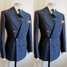 Dark Blue Men's Suits Double Breasted Peak Lapel Tuxedos Wedding Groom Blazer