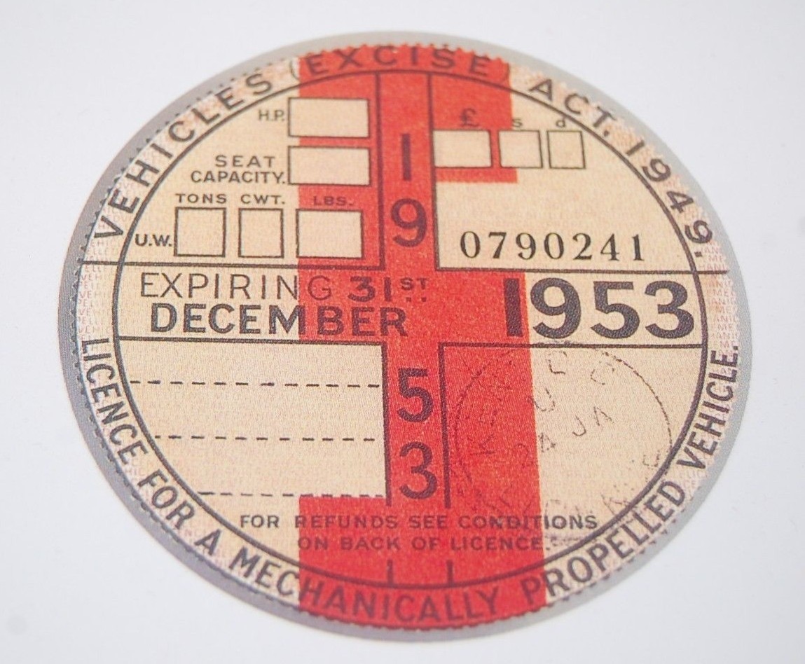 Tax Disc Replica / Reproduction Road December 1953 Vintage Car Tax
