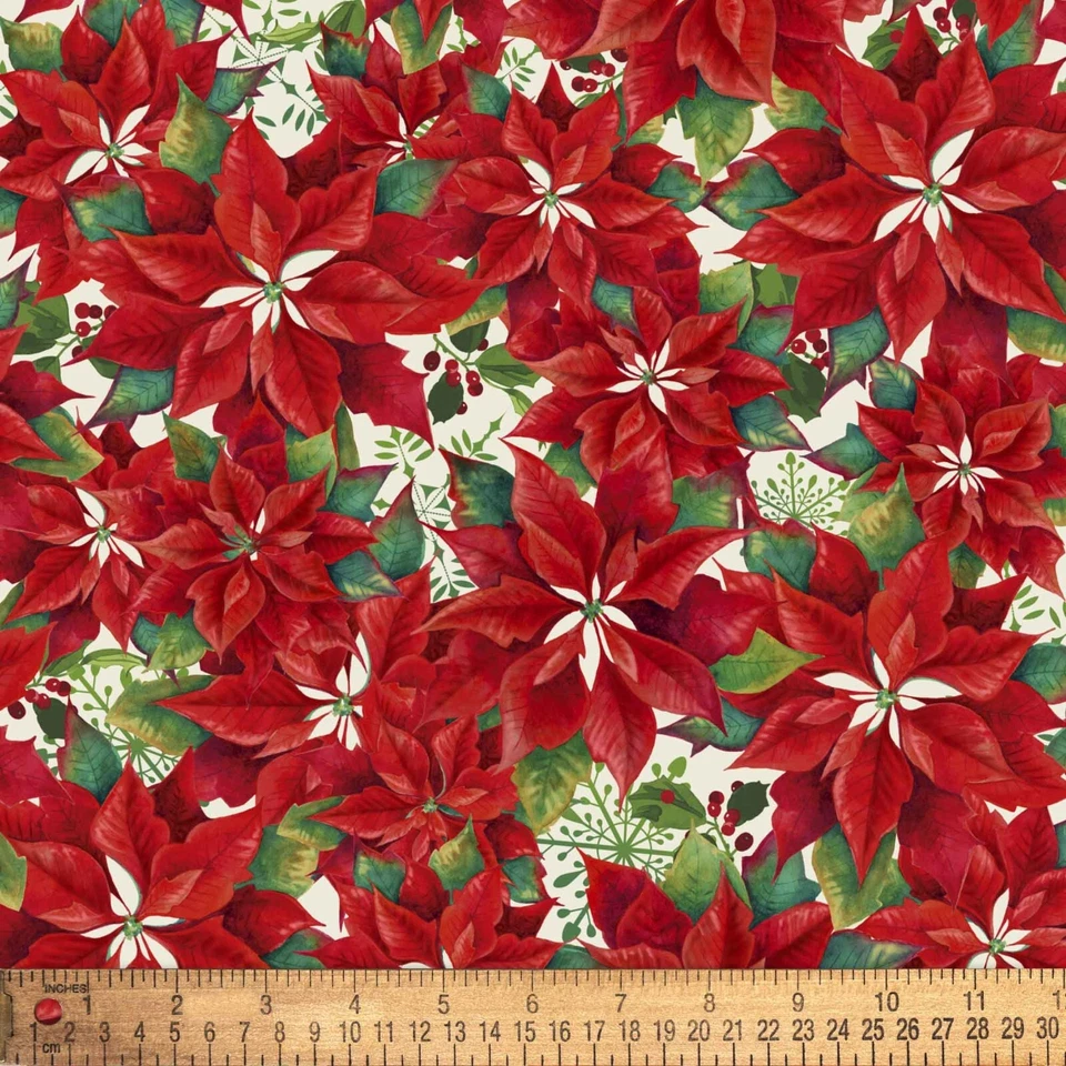 Poinsettias Christmas Fabric Winter Red Green White 100% Cotton 1 Yard x 44" - Image 3 of 4