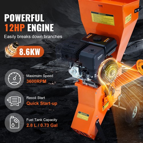 VEVOR Wood Chipper Shredder Mulcher 12 HP HeavyDuty Gas Powered 6.7