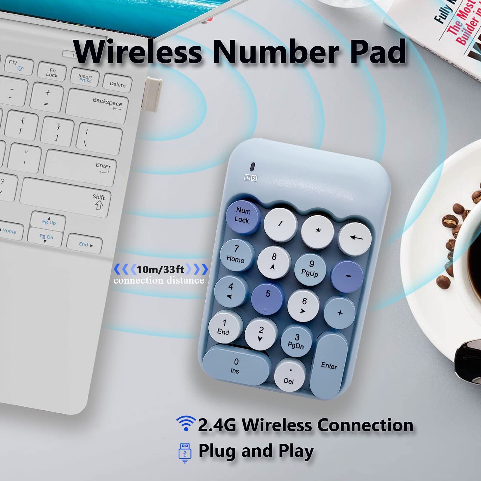 Wireless Number Pad Ergonomic Cute Colorful Retro Mini Portable Numeric Keypa...