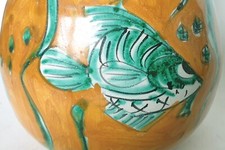 Vaso brocca ceramica ITALIA firmato AVALLONE VIETRI fish pesce arancio verde midcentury