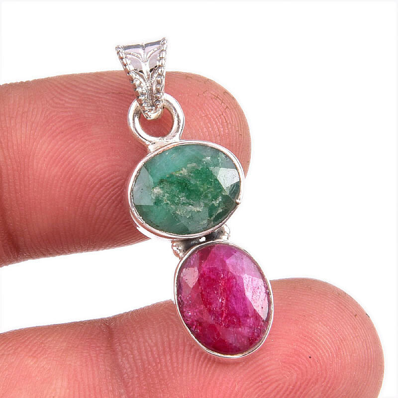 Simulated Emerald and Ruby 925 Sterling Silver Handmade Pendant 1.5 Inch