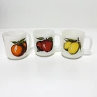 3- 1970s Vintage Orange Apple lemons Glasbake Milk Glass Mug USA Fruit Coffee