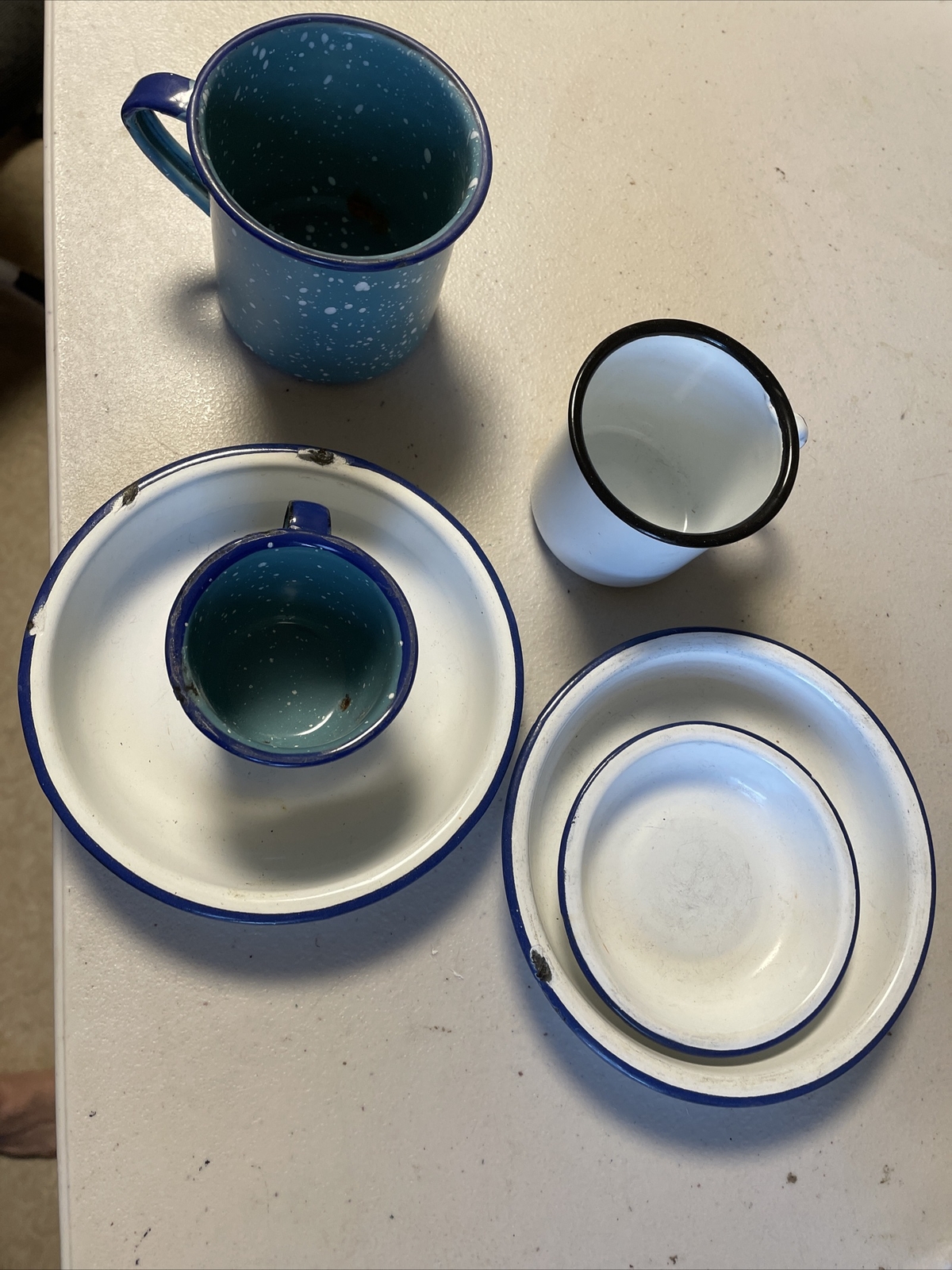 Butterfly Brand Plus other Enamelware Enamel Toy Cups Bowls Blue White