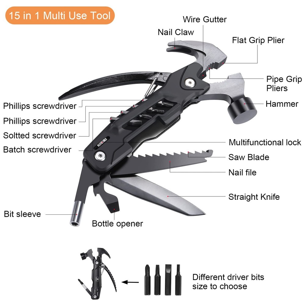 15-in-1 Multi-Tool Hammer with Mini Pliers for Camping and Survival Gear
