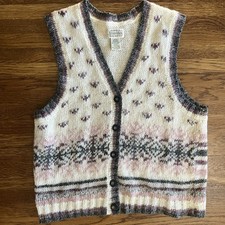 vintage Sweater Vest Cardigan L cottage Country Grandma 90s pastel wool blend