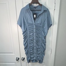 Fashion Nova Blue Satin Shirt Dress Short Sleeve Collared Ruched Button 2X