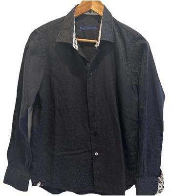 Robert Graham Button Down Shirt Boys L 14 16 Jaquard Black Flip Cuff Long Sleeve