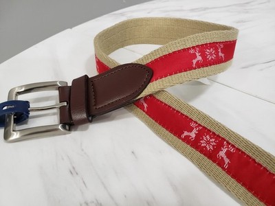 NEW Club Room Men's Faux Leather Holiday Reindeer Fabric Belt Christmas 30/32 In