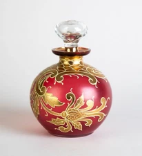 Antique Czech Bohemian Glass Hand Painted Gold Enamel Red Perfume Bottle