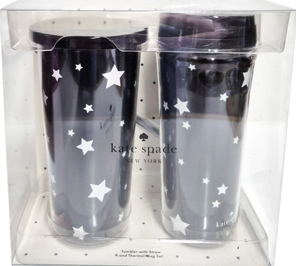 Kate Spade Festive Star Tumbler with Straw and Thermal Mug Gift Set Black New - Image 3 of 4