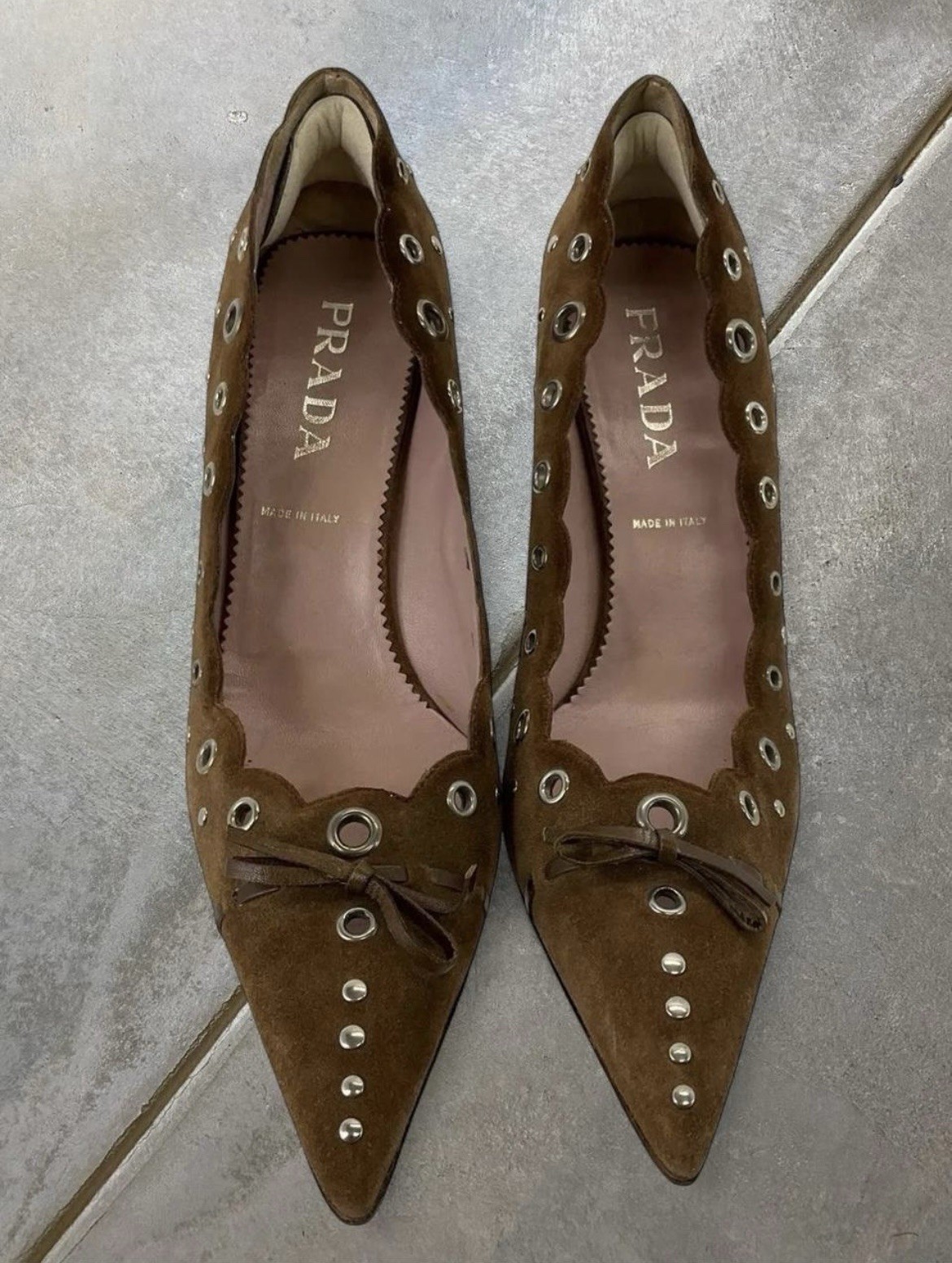 Vintage PRADA Brown Suede Eyelet Heels Made In Italy