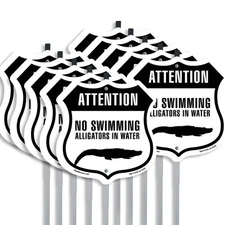 Attention No Swimming Alligators In Shield Shaped Sign With Stake