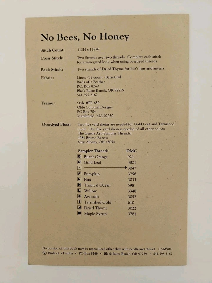 Birds of a Feather NO BEES NO HONEY Counted Cross Stitch Pattern #SAM904 BOAF - Image 3 of 3