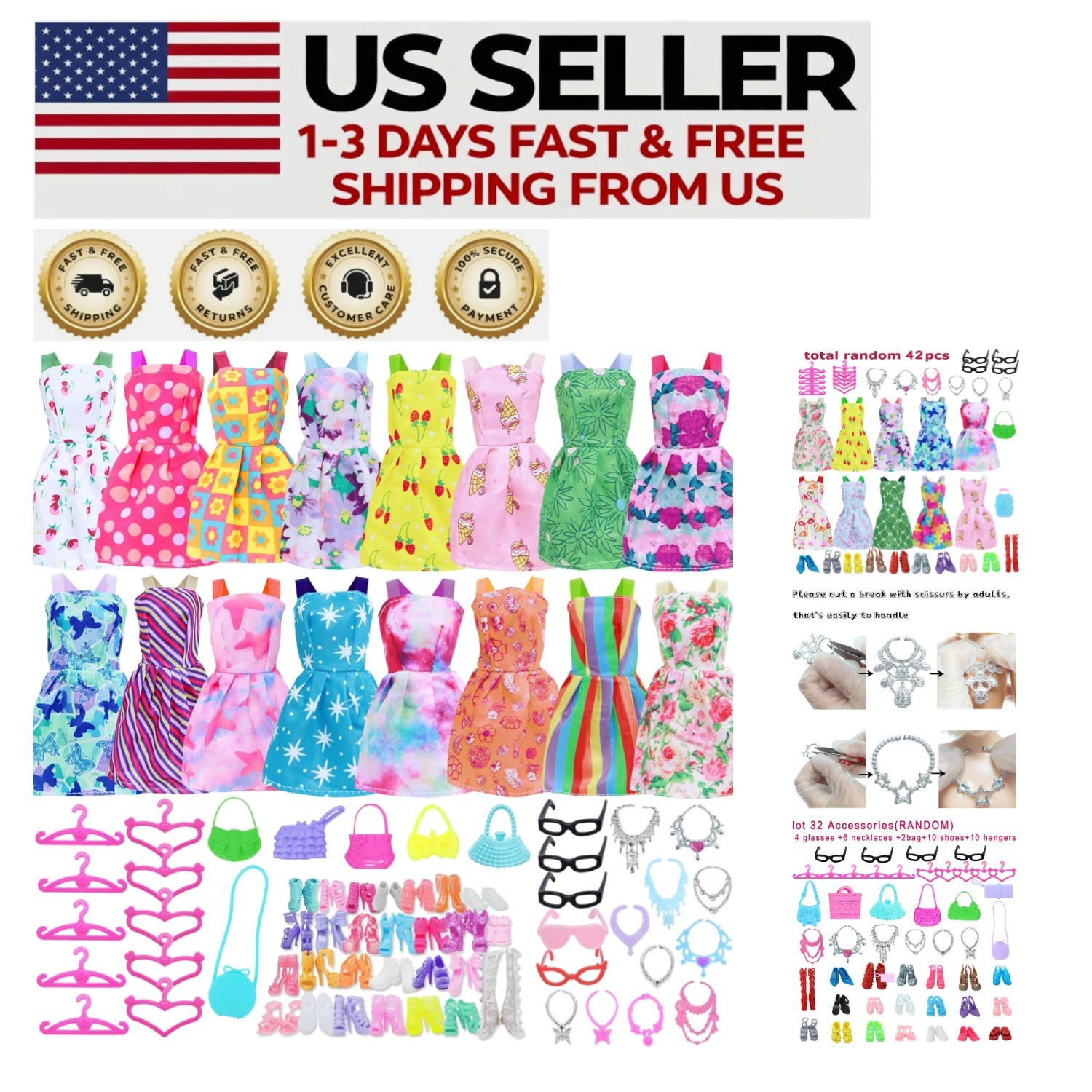 42 pcs Handmade Doll Clothing Set - 10 Mini Dresses & 32 Fas