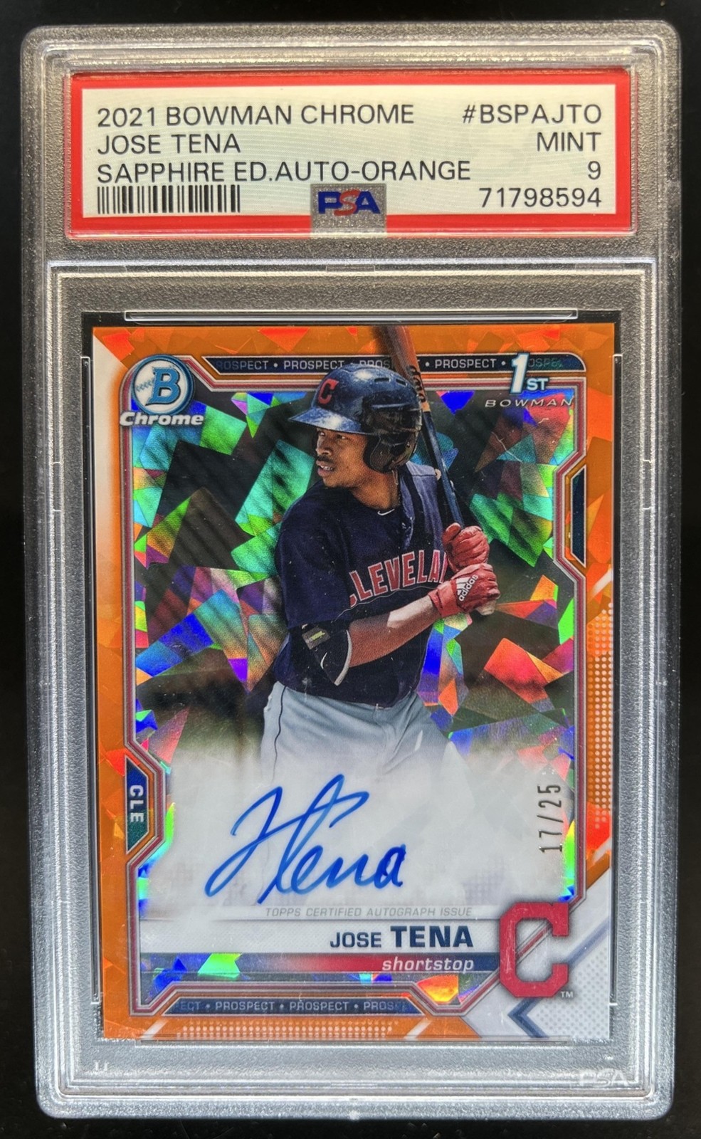 2021 Bowman Sapphire Jose Tena Chrome Auto 1st Orange Refractor #/25 PSA 9 view 1