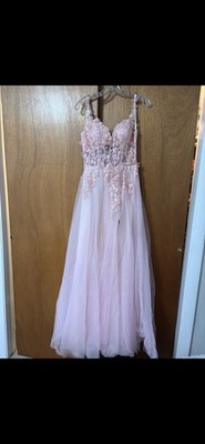 Allie H by Alexandra's Pink Formal Gown with Slit and Floral Applique