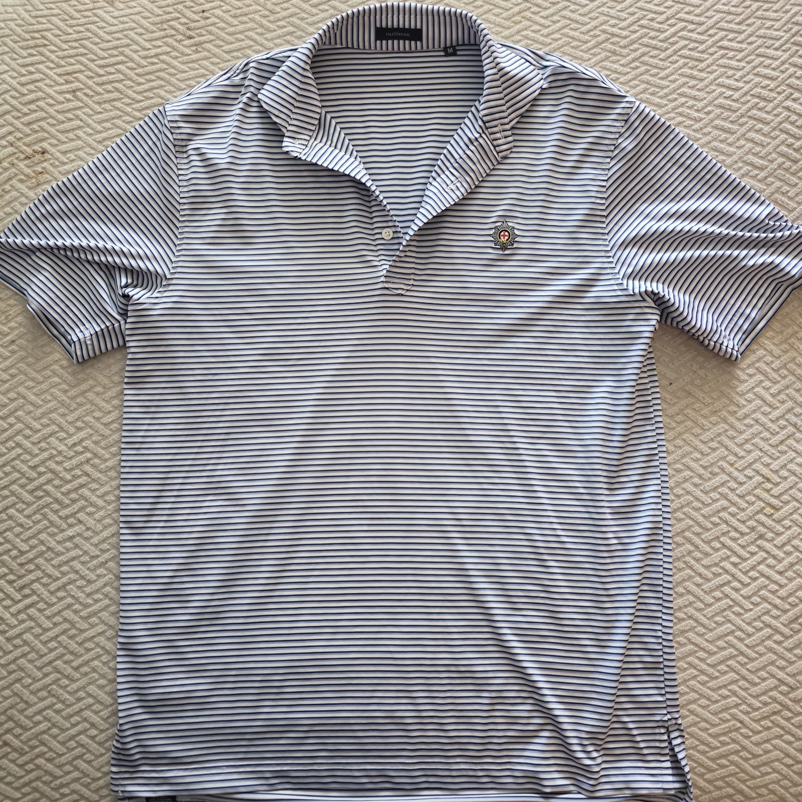Turtleson Men’s Striped Polo Shirt Blue White Short Sleeve Collared Logo M