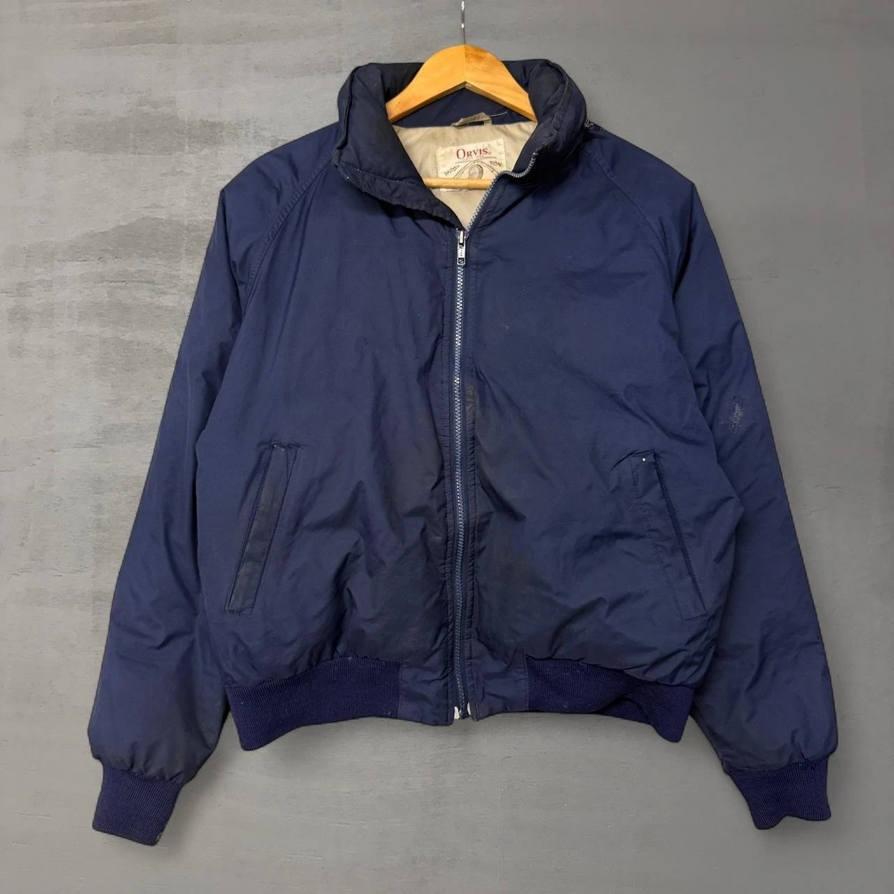 Vintage 80s Orvis Bomber Puff Jacket Blue Full Zip Packable Hood Mens Medium