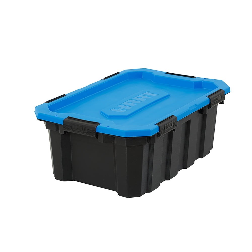 18-Gallon Waterproof Black Storage Bins with Blue Lids  