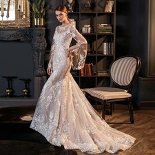 Luxury Lace Mermaid Wedding Dresses Long Sleeves Floral Applique Bridal Gowns