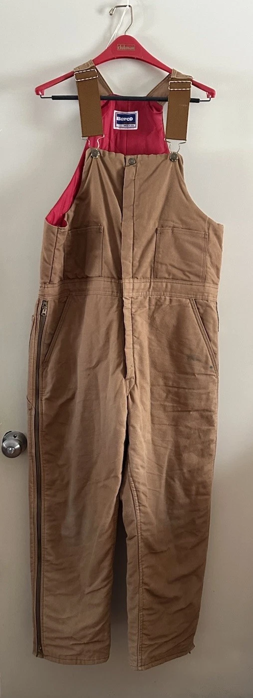 Vtg Berco Insulated Bib Overalls Brown Duck Workwear USA 2 Way Front & Side Zips