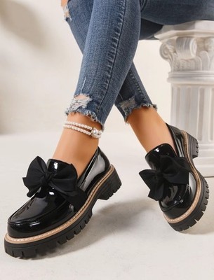 Damen Loafer Schwarz Lack Optik Schleife Chunky Sohle Neu Gr. 39