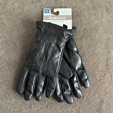Isotoner Men's Genuine Leather Gloves Large L Faux Fur Fleece Lined Tech Black