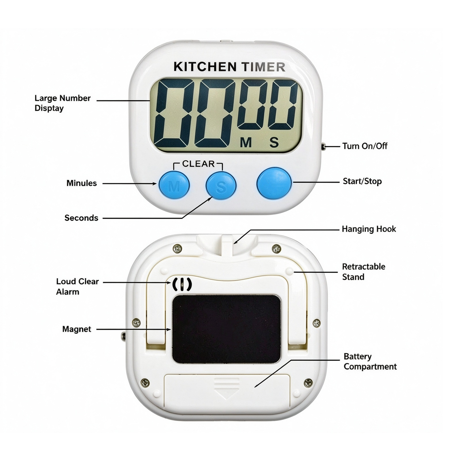 Large LCD Digital Kitchen Cooking Timer Count Down Up Clock Loud Alarm ...