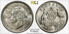 Australia 1943-D 6D Six Pence PCGS MS64 Silver Coin Uncirculated Kangaroo KM-38