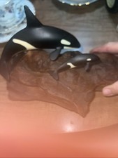 John Perry Orca Whales Burlwood Sculpture Figurine Statue 10” Nautical Decor