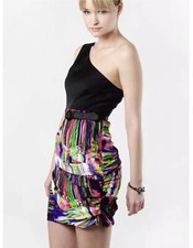 ALICE & OLIVIA  ONE SHOULDER DRAPE PAINTED MULTI BLACK DRESS sz M