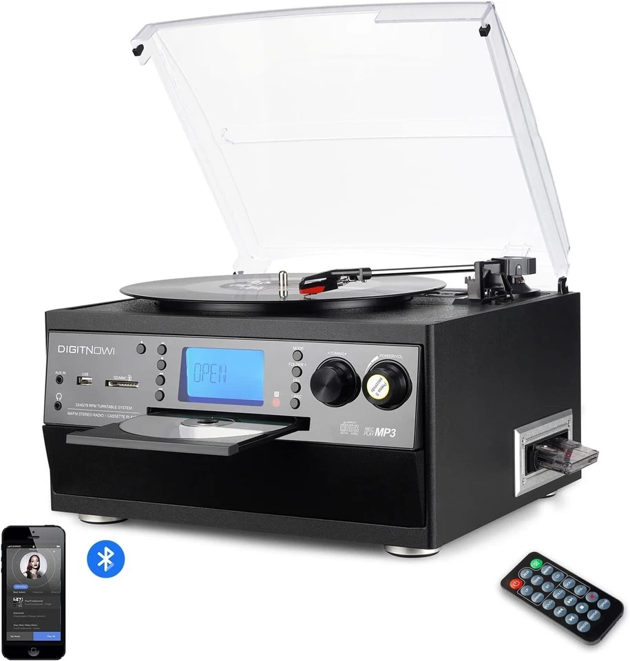 DIGITNOW Bluetooth Viny Record Player Turntable, CD, Cassette, AM/ FM Radio and Aux in
