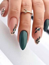 24pcs Long Almond Dark Green Leaves Pattern Fake Nail Press On Nails False Nails